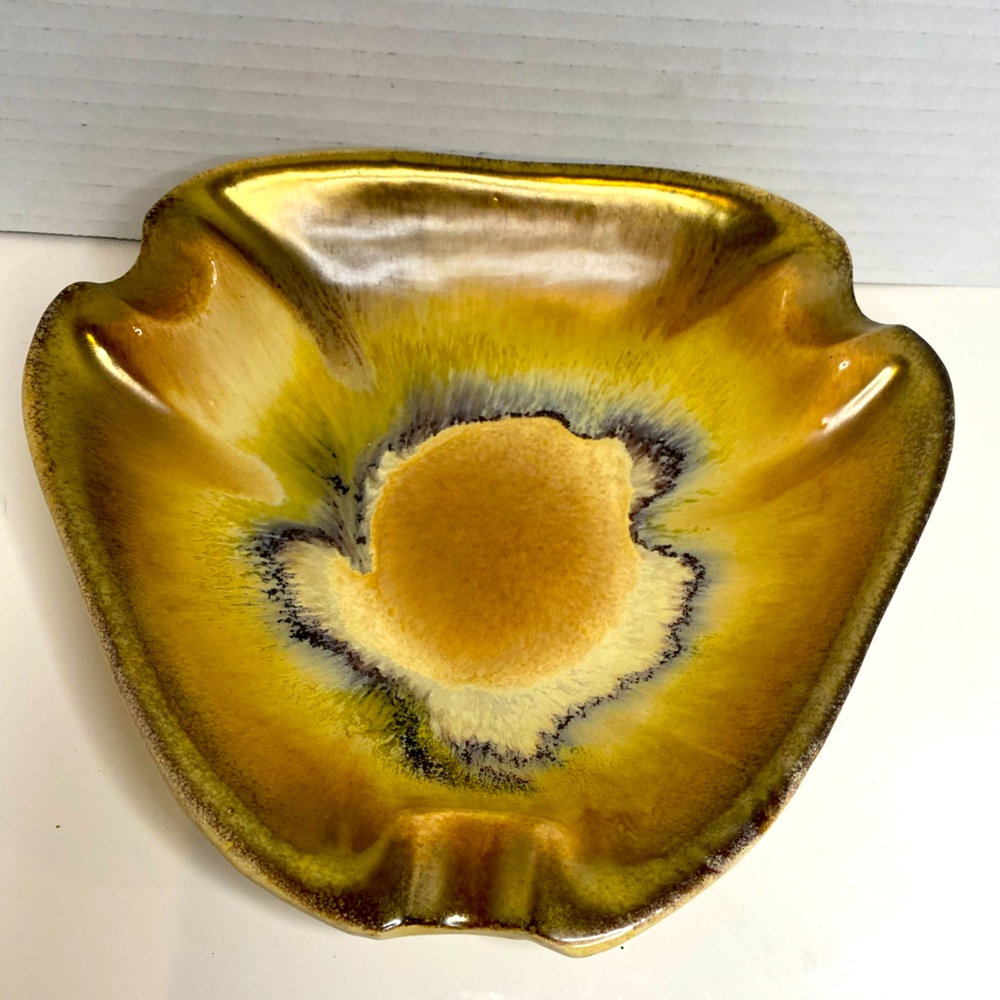 Vintage West Germany Triangular Ashtray Ceramic Gold with Black and Yellow 736